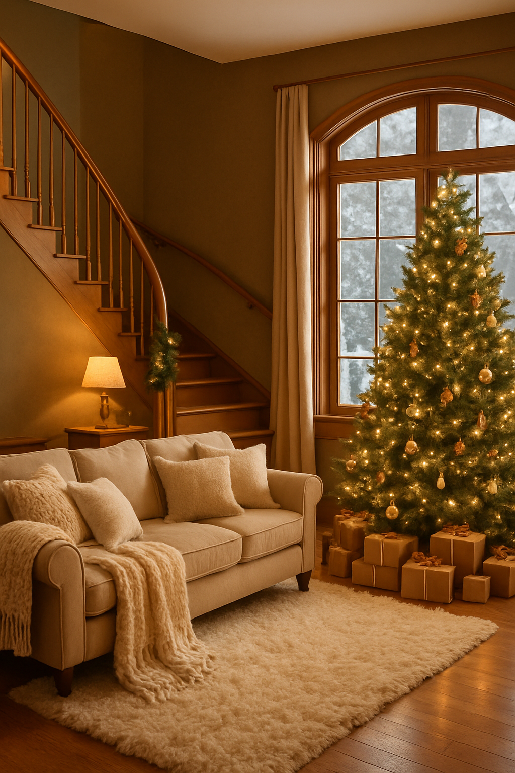 Cozy winter living room with earthy color palette, featuring a sofa, Christmas tree, and warm lighting.