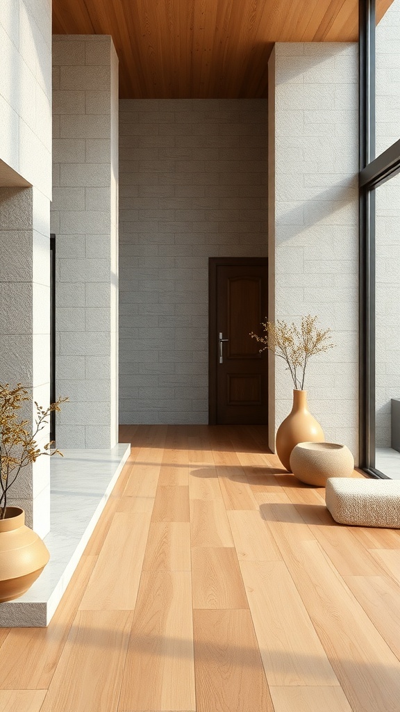 A modern interior with light wooden flooring and minimalist decor.
