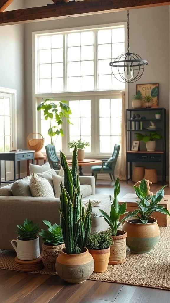 A cozy farmhouse living room with various indoor plants in earthy pots, featuring a comfortable sofa and large windows.