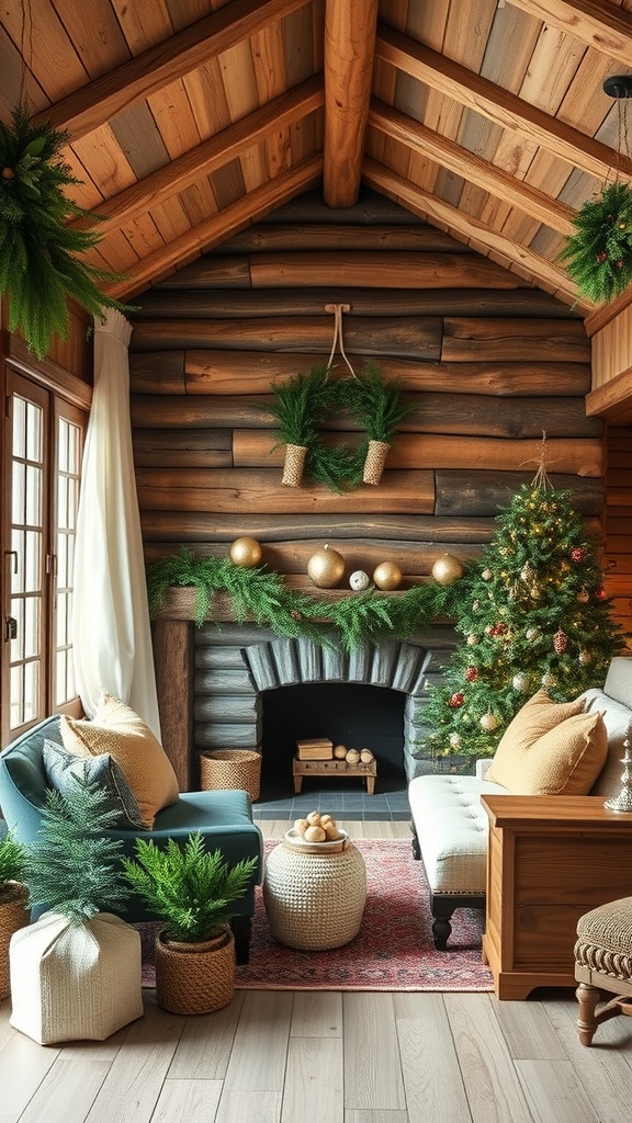 A cozy rustic living room with wooden walls, a decorated Christmas tree, and natural decor elements.