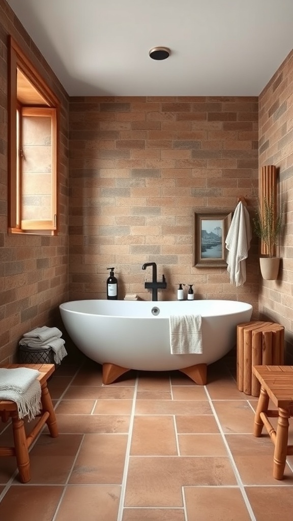 A rustic bathroom featuring terracotta tile flooring, a freestanding bathtub, and wooden accents.