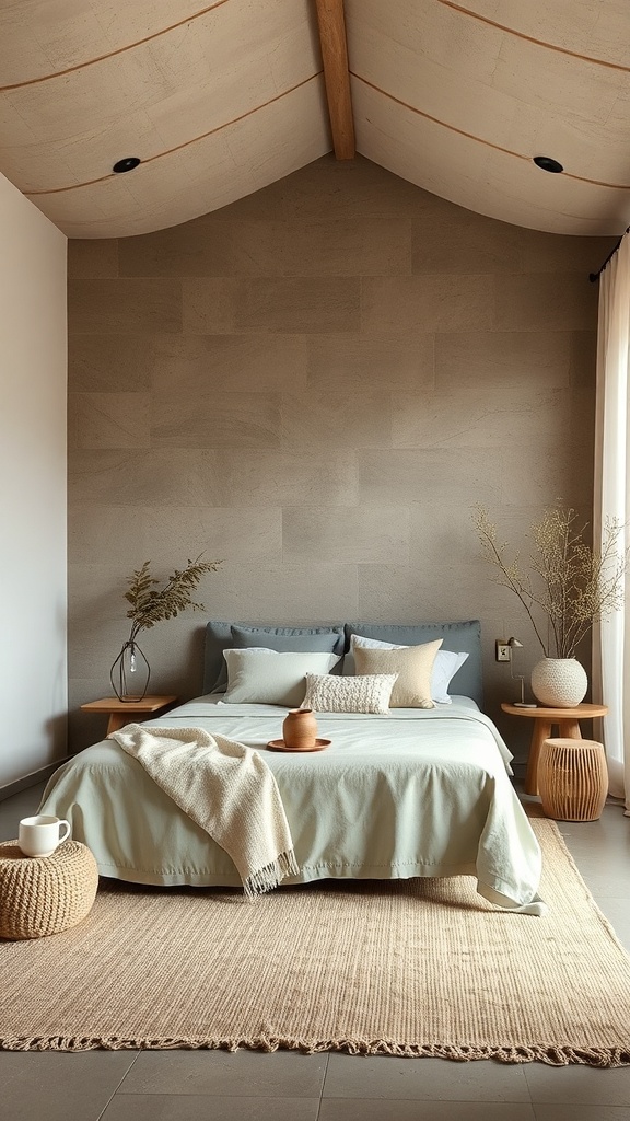 A minimalist Japanese bedroom featuring earthy textures and fabrics, with a soft color palette and natural materials.