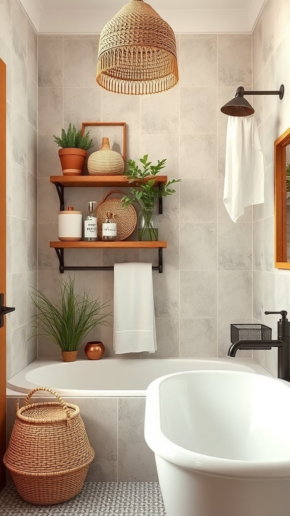 A boho bathroom featuring earthy textures, natural materials, and plants.