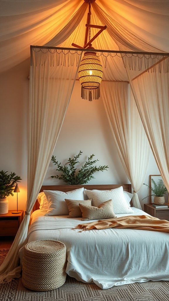 A cozy boho bedroom featuring earthy tones, warm lighting, and a canopy bed.