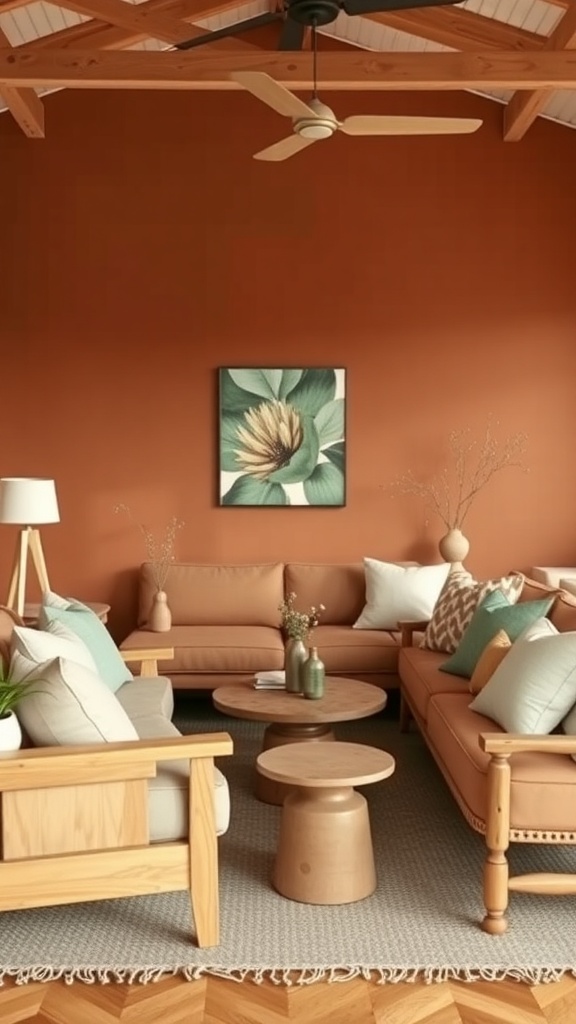 Cozy living room with terracotta walls, soft furniture, and natural wood accents.