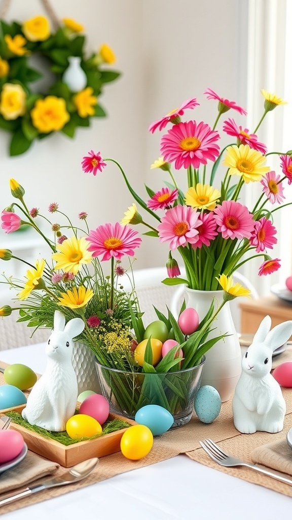 A vibrant Easter egg display with pastel eggs, white bunnies, and colorful flowers on a table.