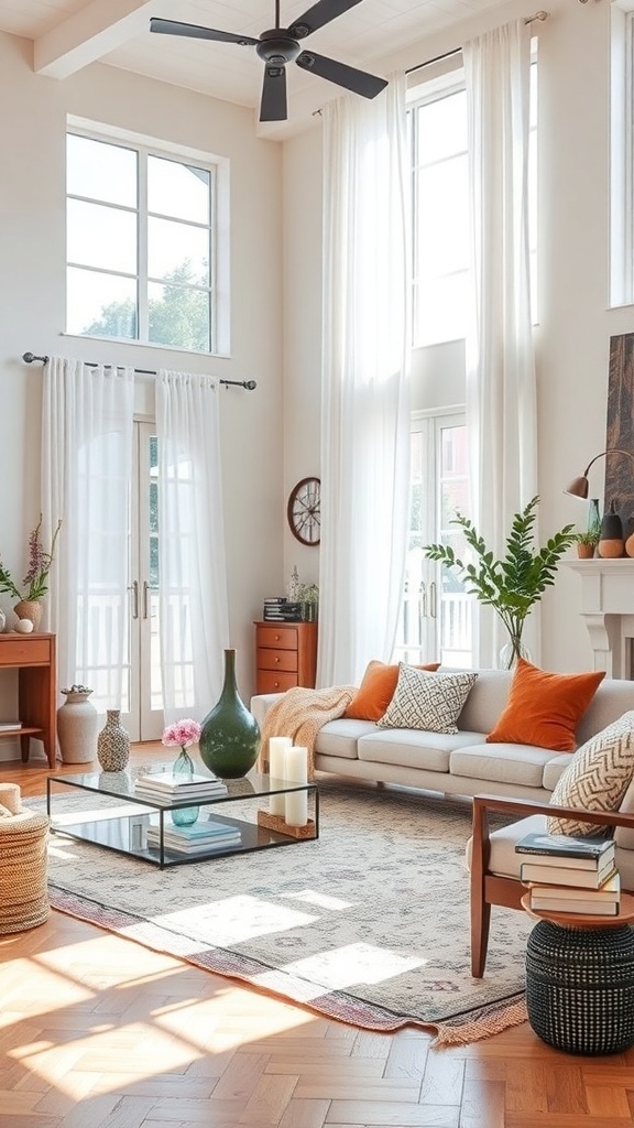 Cozy living room with eclectic decor featuring a beige sofa, orange pillows, glass coffee table, and plants.