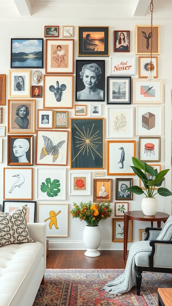 A gallery wall featuring a variety of framed artwork, including portraits, abstract designs, and illustrations, complemented by plants and decorative elements.