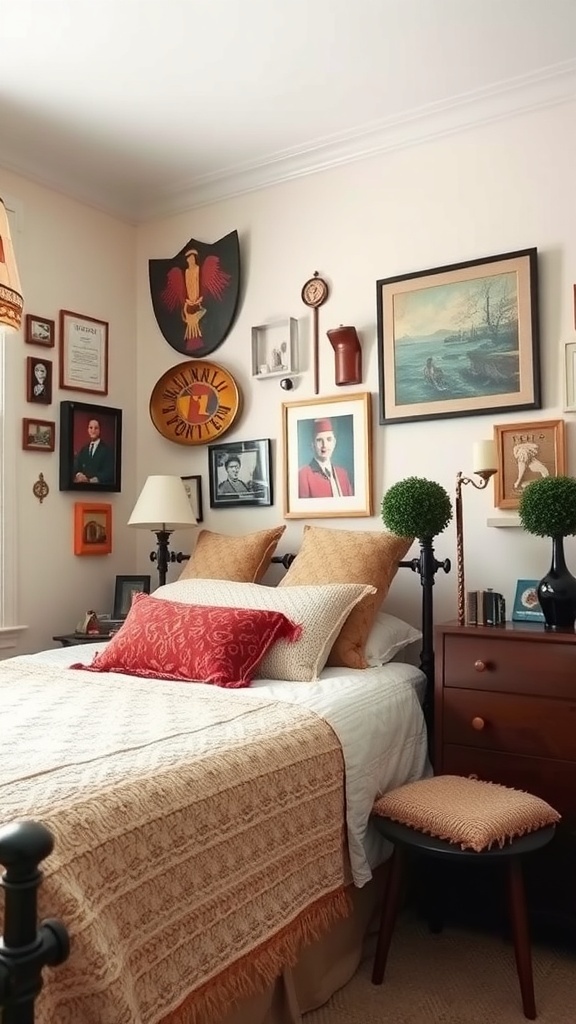 Cozy bedroom with eclectic art, textured bedding, and personal touches.