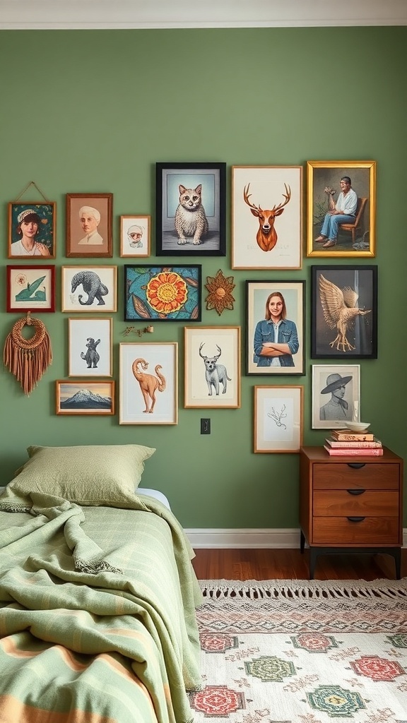 Eclectic art display on a green wall in a boho-style bedroom