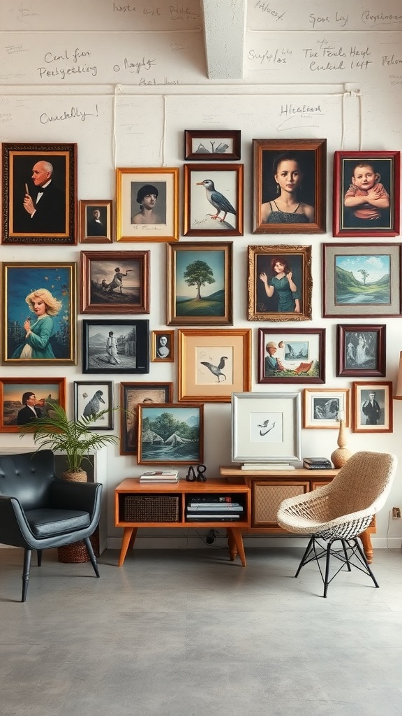 A wall filled with various framed artworks in different styles and sizes, accompanied by cozy seating.