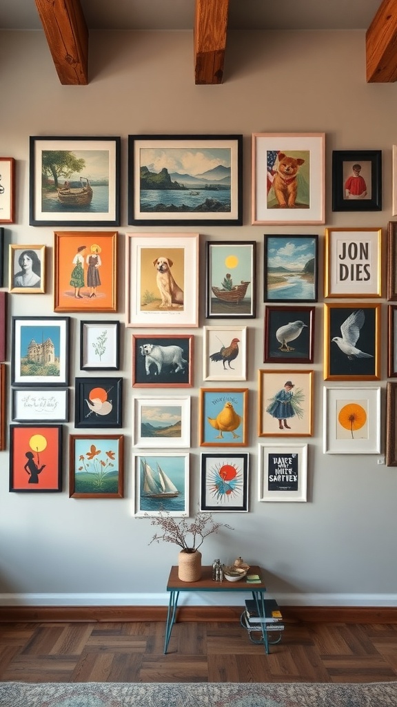 Gallery wall featuring a mix of eclectic art styles and frames.