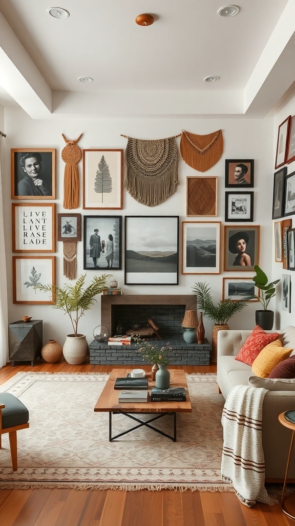 A cozy living room featuring an eclectic artwork display on the wall, including framed photos and macramé pieces.