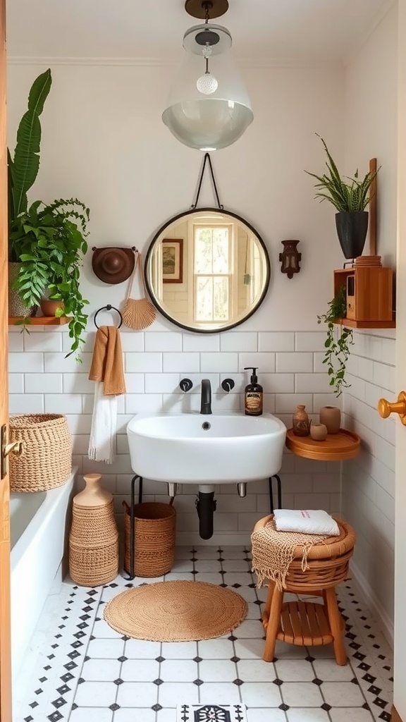 Eclectic bathroom featuring natural elements, plants, and rustic decor.