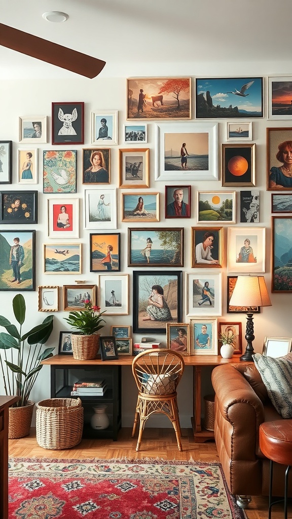 A cozy living room with a gallery wall filled with various framed artworks, a wooden desk, and a comfortable sofa.