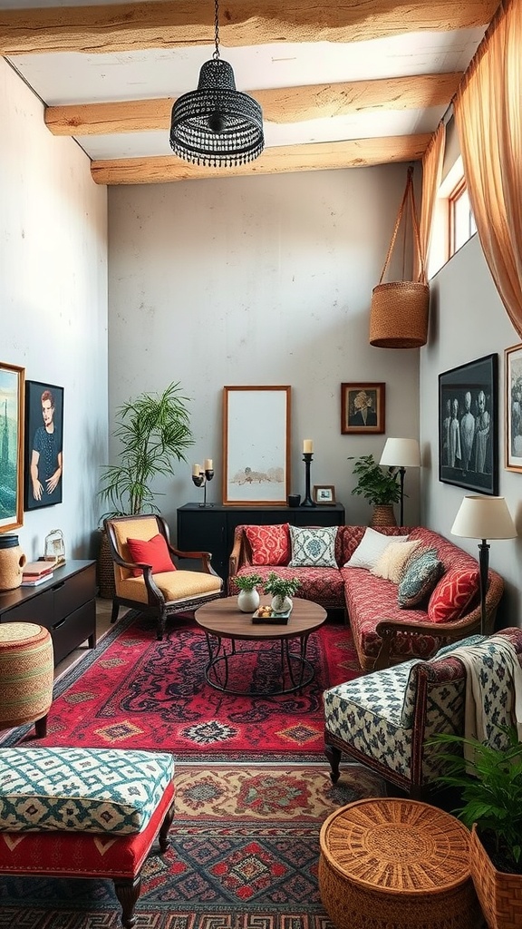 Cozy sunken couch space with eclectic bohemian style featuring vibrant rugs, colorful cushions, and plants.