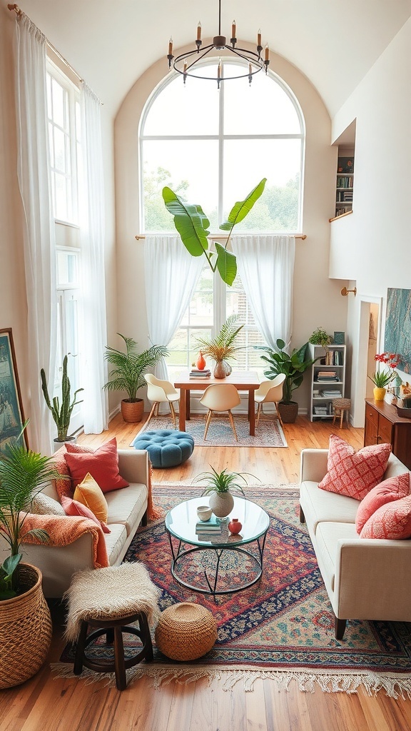 Eclectic bohemian style living and dining room with large windows, colorful decor, and plants.