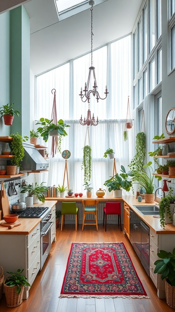 A bright, eclectic bohemian kitchen featuring large windows, hanging plants, colorful chairs, and a red area rug.