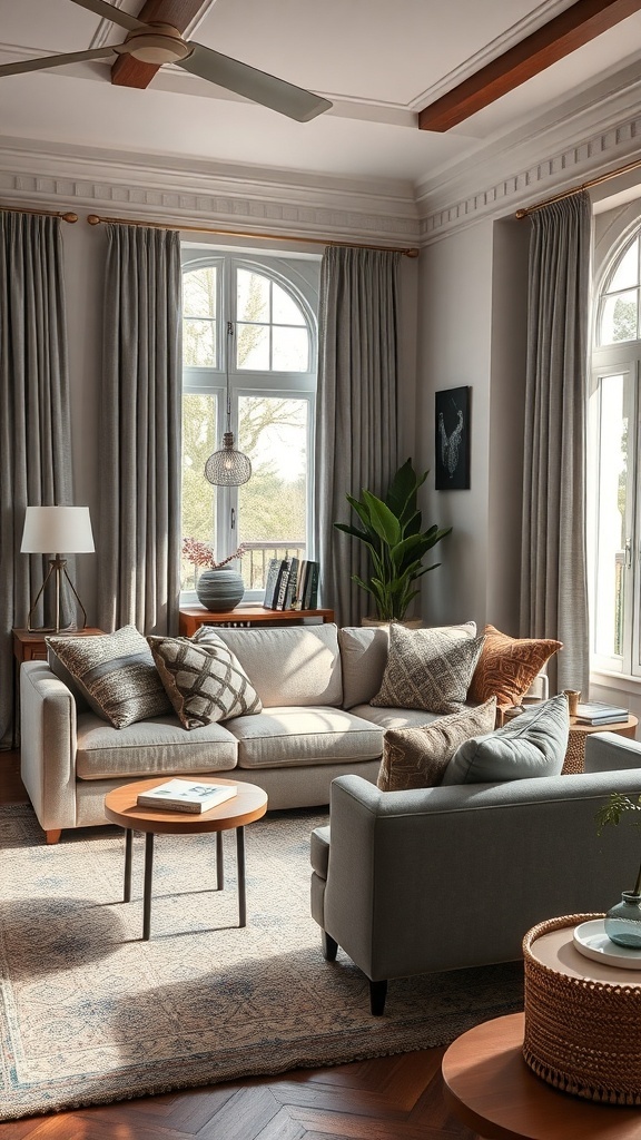 A cozy living room featuring grey sofas, decorative cushions, plants, and large windows.