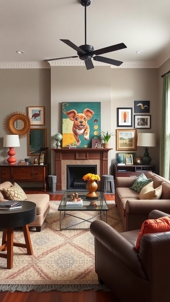 A cozy living room with chocolate brown decor featuring leather sofas, eclectic artwork, and warm accents.