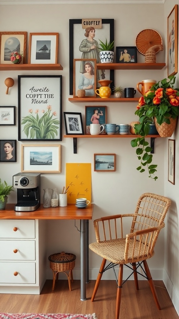 A cozy coffee nook featuring artful decor, colorful mugs, and a wooden table with a coffee machine.
