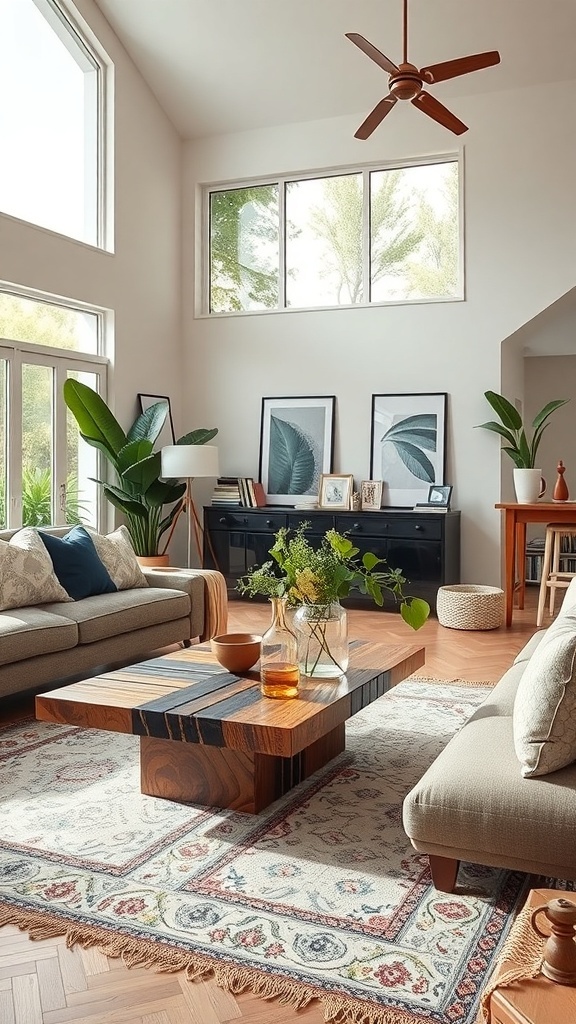 Ein gemütliches Wohnzimmer mit einem einzigartigen Holztisch, umgeben von stilvollen Möbeln und Pflanzen.