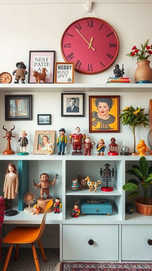 A colorful shelf filled with various collectible figurines, framed pictures, and decorative items.