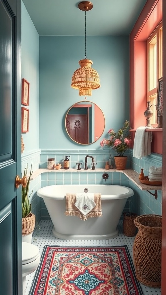 A boho-style bathroom featuring eclectic color palettes with blue walls, coral accents, and a patterned rug.