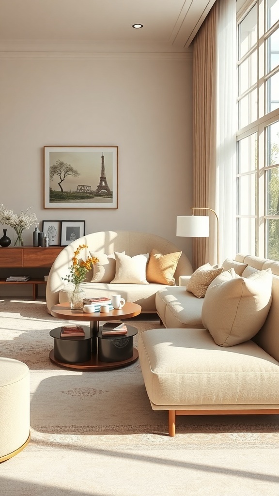Ein modernes Wohnzimmer mit runden Sofas, einem niedrigen Tisch und Kunstwerken an der Wand.