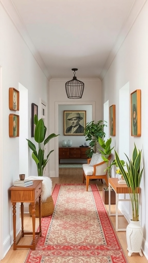 A stylish bungalow hallway featuring vintage artwork, plants, and a patterned rug.