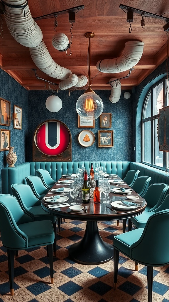A stylish eclectic dining room featuring teal seating, a large oval table, and artistic decor.