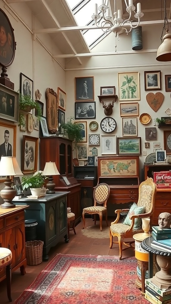 A cozy gallery filled with vintage furniture and framed art, creating an eclectic atmosphere.