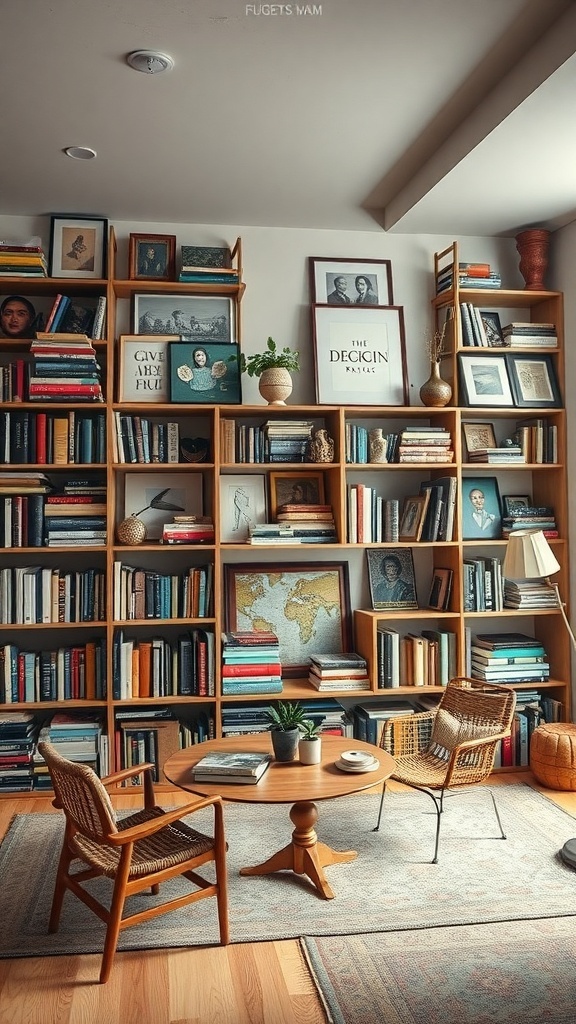 Cozy room with wooden gallery shelves filled with books and art, featuring a seating area.