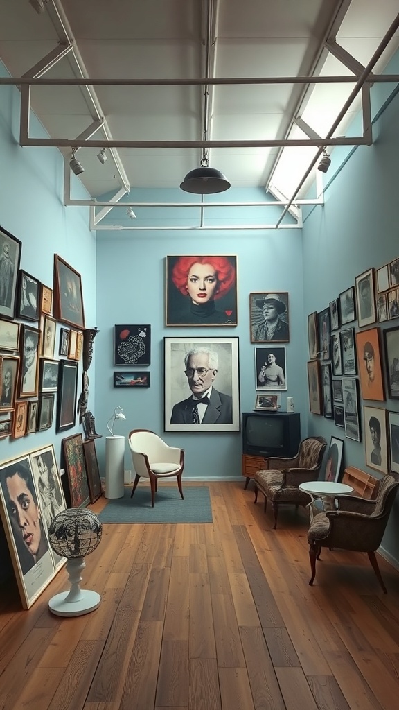 An eclectic gallery space featuring various framed artworks on blue walls, vintage furniture, and a cozy atmosphere.