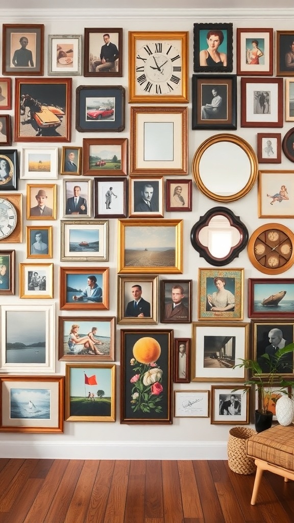 An eclectic gallery wall featuring a variety of framed artwork, photographs, and a clock, complemented by a plant and wooden flooring.