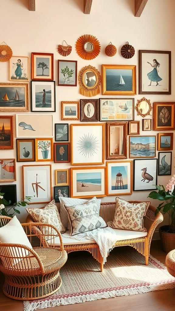 A cozy seating area with an eclectic gallery wall featuring various framed artworks in different styles and colors.