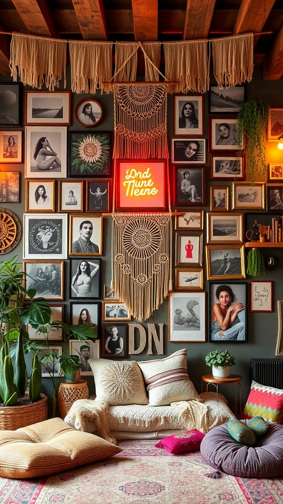 An eclectic gallery wall with framed photos, macramé, and a neon sign, surrounded by plants and cozy seating.