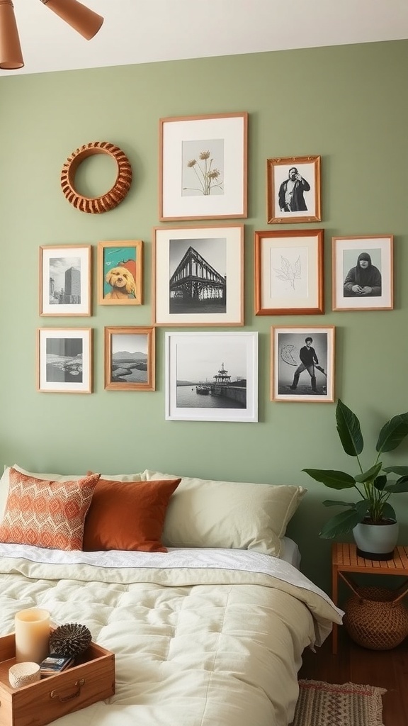 Eclectic gallery wall with framed art and photographs in a sage green bedroom