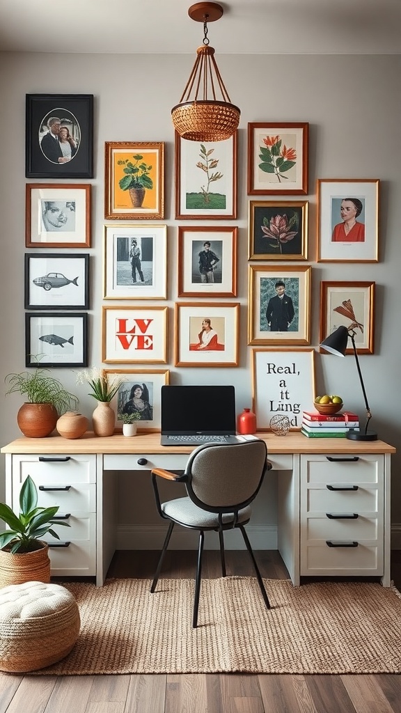 An eclectic gallery wall featuring layered frames with various artworks and photographs, above a stylish workspace with a desk and plants.
