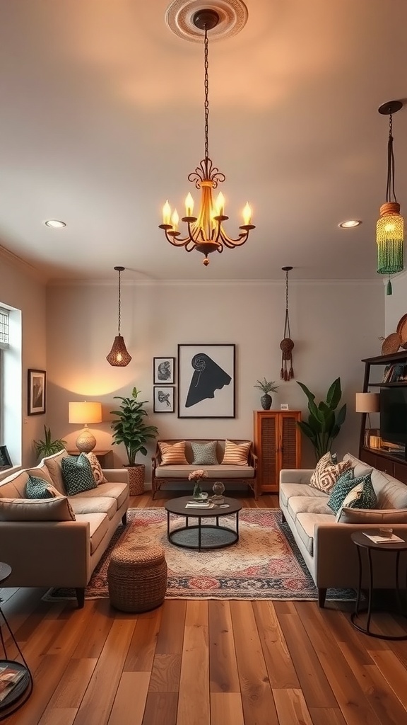 An eclectic living room with various lighting fixtures including a chandelier and pendant lights.