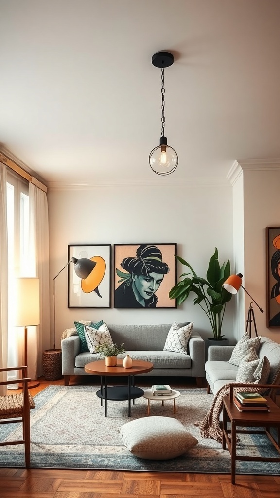 A cozy living room featuring eclectic lighting fixtures, including a pendant light and a stylish floor lamp.