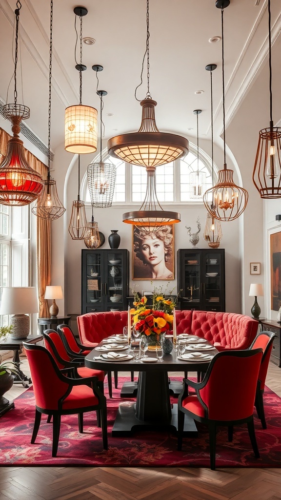 A dining area featuring eclectic lighting fixtures, cherry red chairs, and a vibrant floral centerpiece.