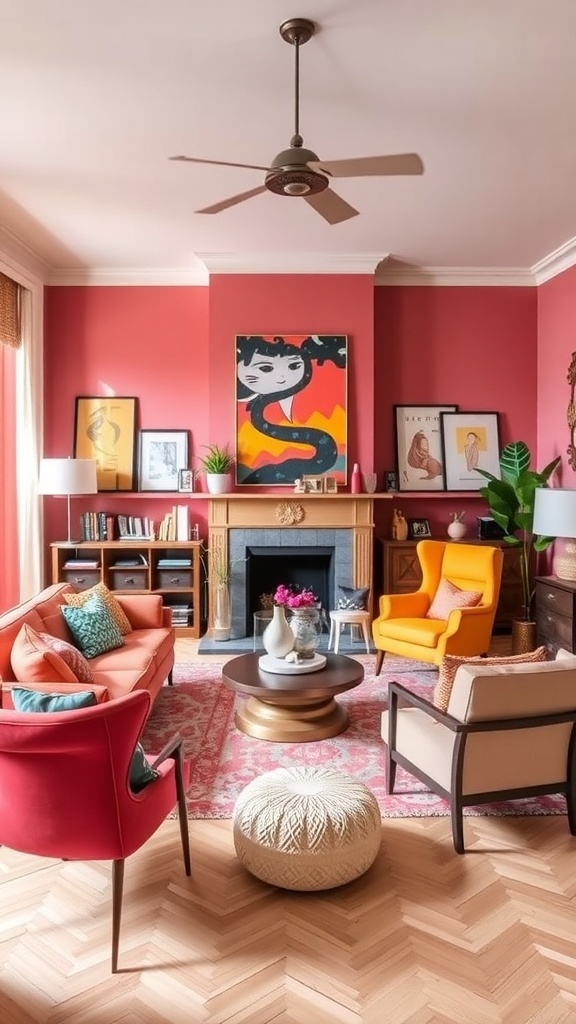 A vibrant living room with eclectic furniture, bold red walls, and colorful artwork.