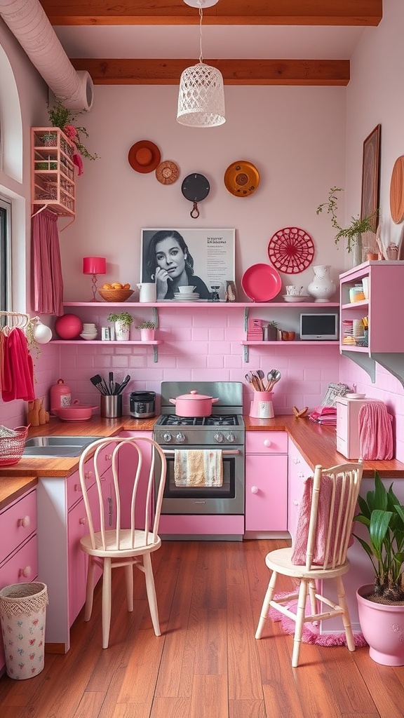 A modern pink kitchen with bright pink cabinets, wooden countertops, and eclectic decor elements.