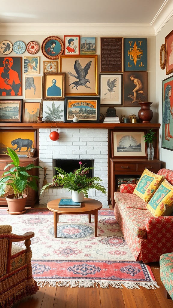 A cozy living room featuring an eclectic mix of textiles, including patterned cushions and a vibrant rug.
