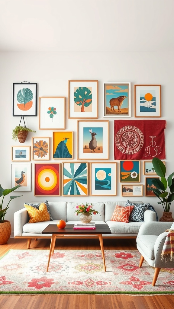 A cozy living room featuring an eclectic gallery wall with colorful framed art and decorative elements.