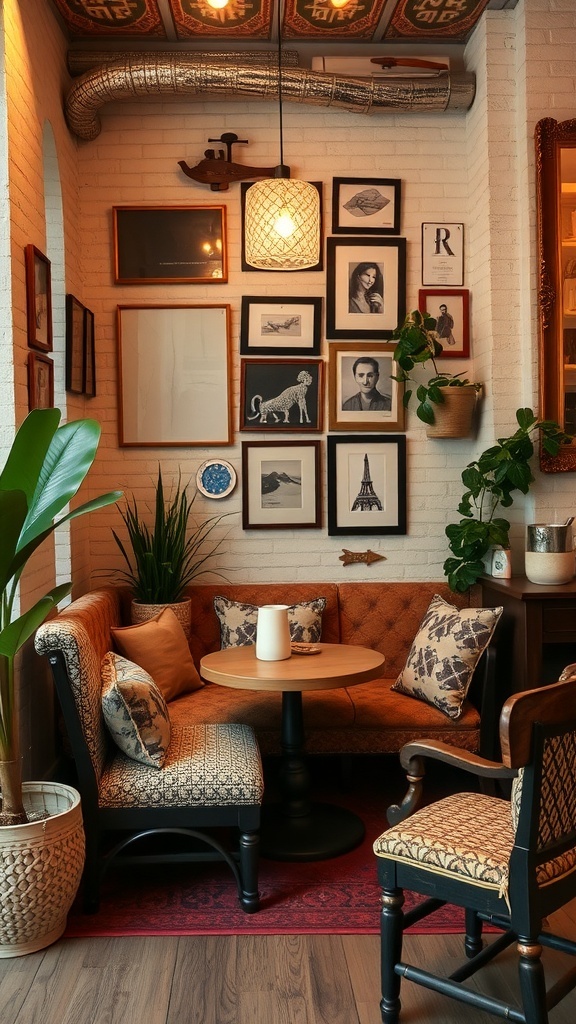Cozy coffee nook with eclectic textures and patterns, featuring a mix of seating, wall art, and plants.