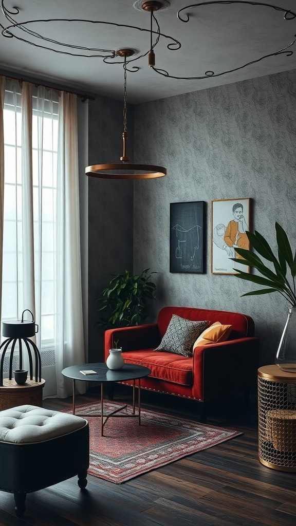 A cozy living room featuring a red sofa, a tufted ottoman, a round coffee table, and wall art, with plants and natural light.
