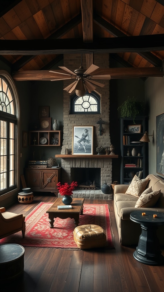 A cozy living room featuring rustic wooden beams, a stone fireplace, and a mix of vintage and modern furniture.