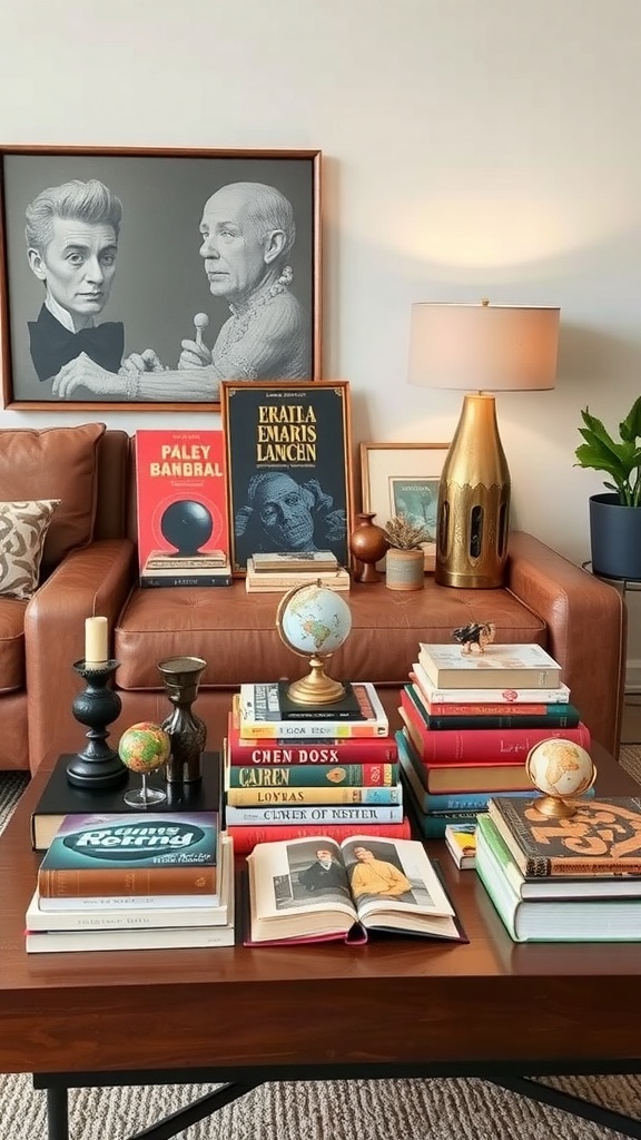 A coffee table arrangement featuring colorful books, a vintage globe, candles, and framed art, creating an eclectic mix.